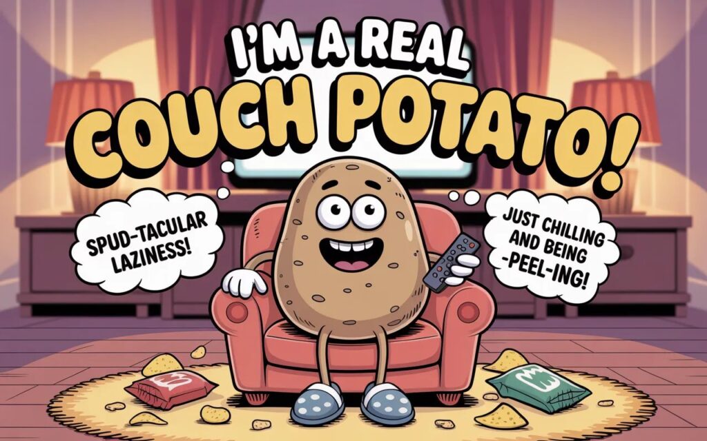 “Couch potato puns—funny, playful wordplay perfect for lazy-day humor and cozy vibes.”