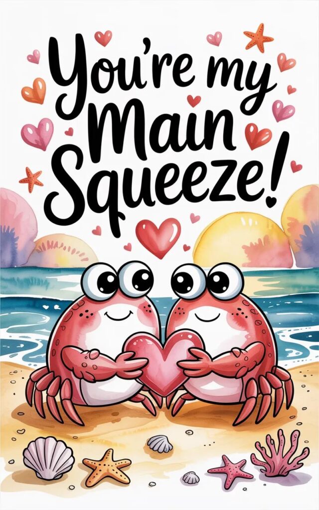 A cute and romantic image showing two adorable cartoon crabs holding claws with hearts around them.