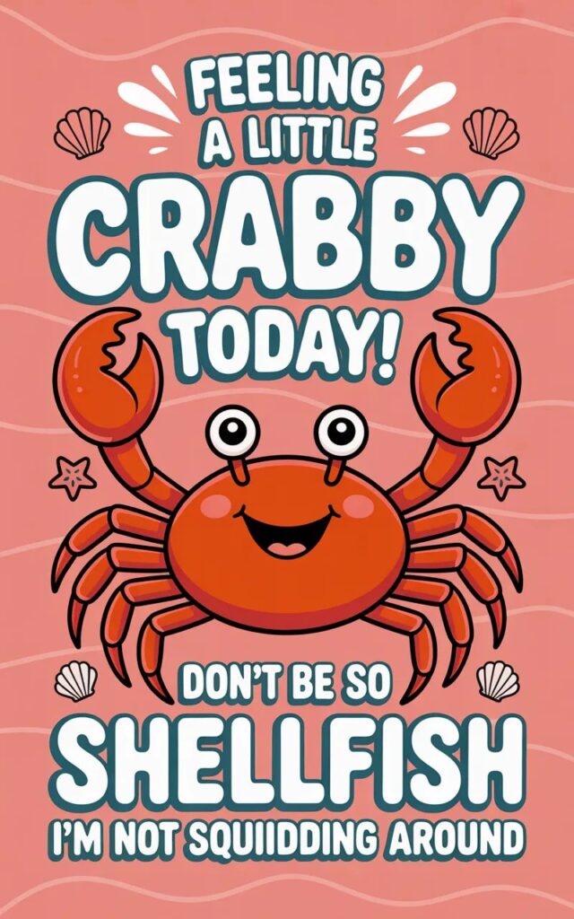 A colorful and funny image featuring playful crab-themed puns perfect for Instagram captions