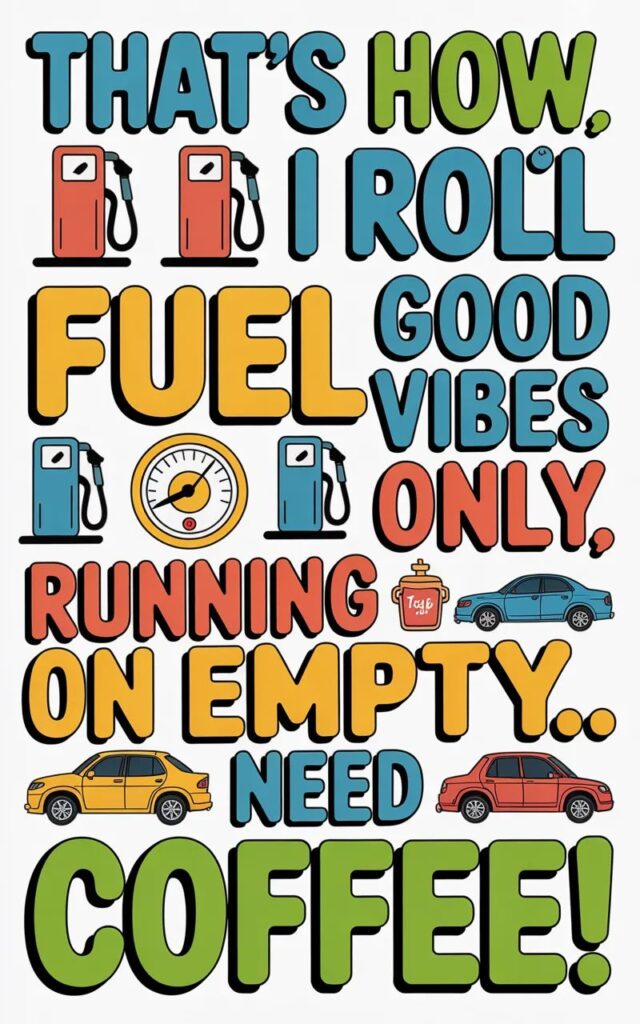 A funny image showing cartoon cars and fuel pumps with witty gas pun captions