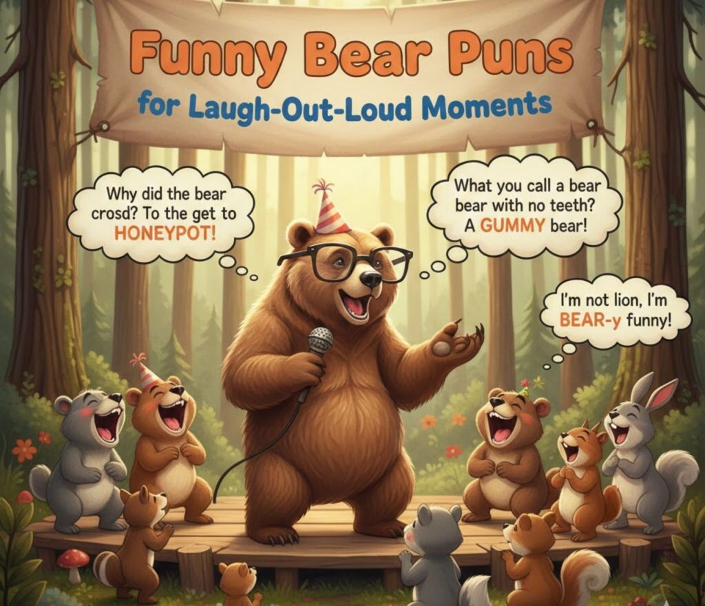 “Funny bear puns for laugh-out-loud moments—clever, playful, and hilarious wordplay perfect for captions, jokes, and lighthearted animal humor.