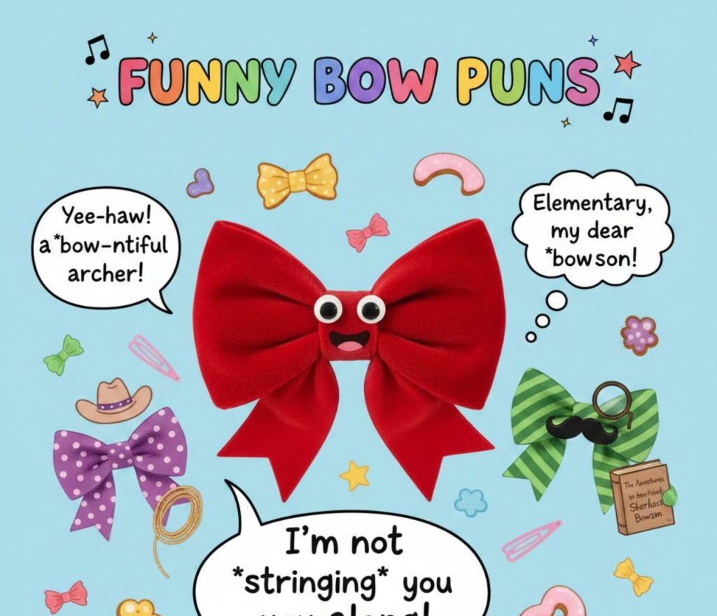 Funny bow puns featuring playful, cute, and clever wordplay, perfect for captions, jokes, or sharing laughs with everyone."