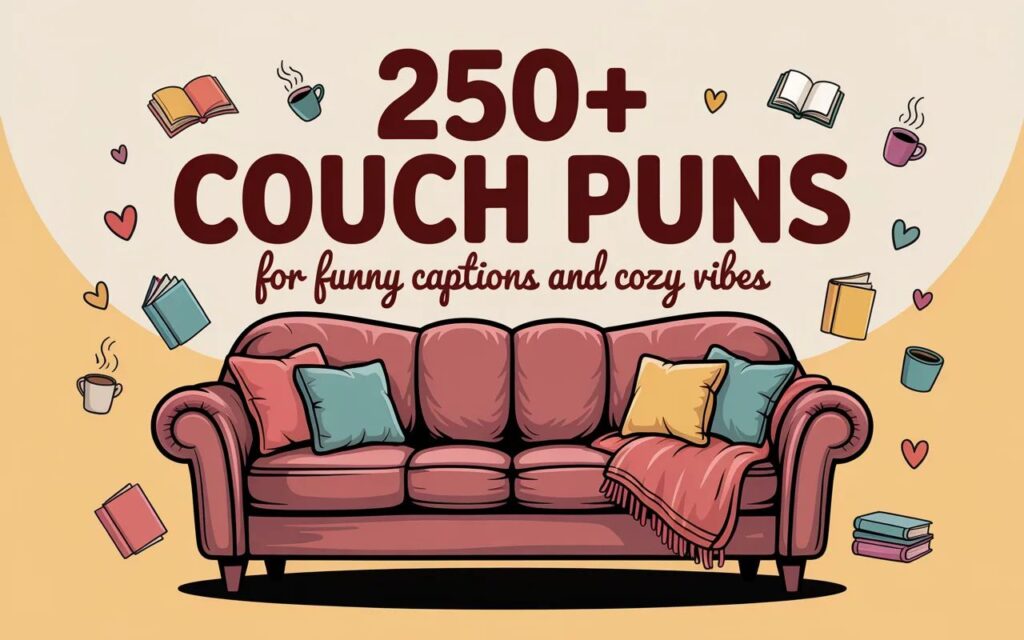 250 couch puns for funny captions and cozy vibes—clever, playful wordplay perfect for relaxing posts and laughs