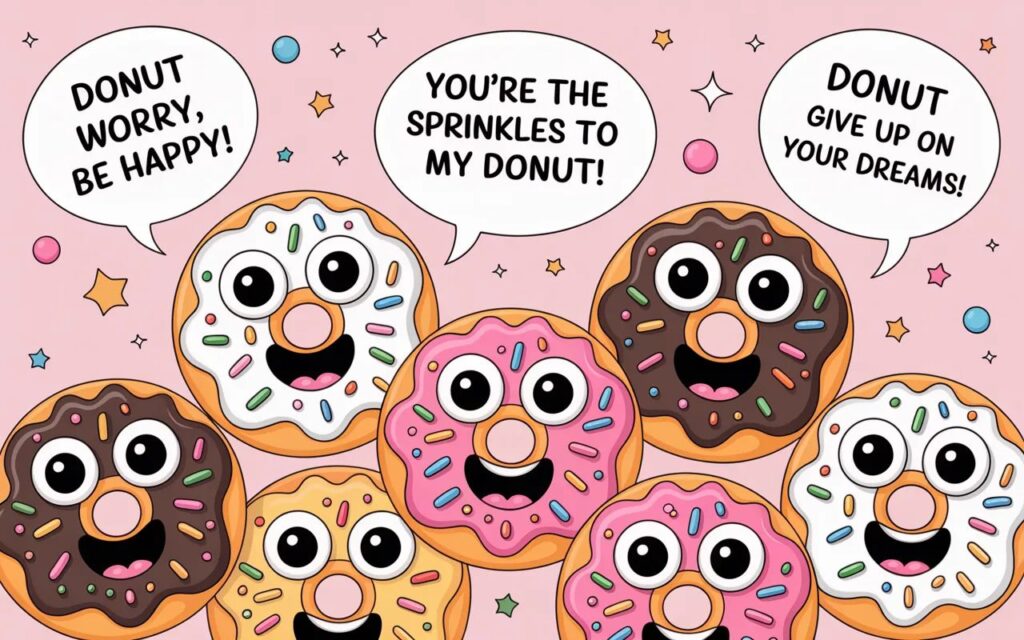 “Funny donut puns—sweet, clever wordplay that’s sure to sprinkle laughter into your day.”