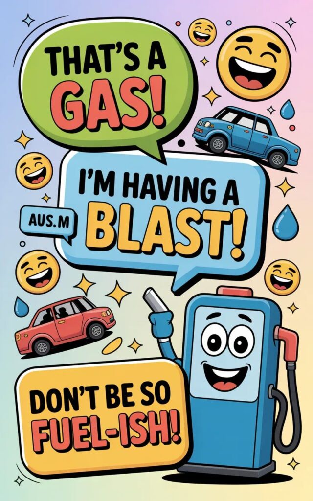 A humorous image showing cartoon gas pumps and cars with clever fuel-related puns.