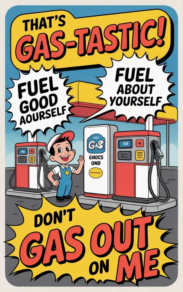 A playful image featuring cartoon gas pumps, cars, and fuel cans with lighthearted gas puns.