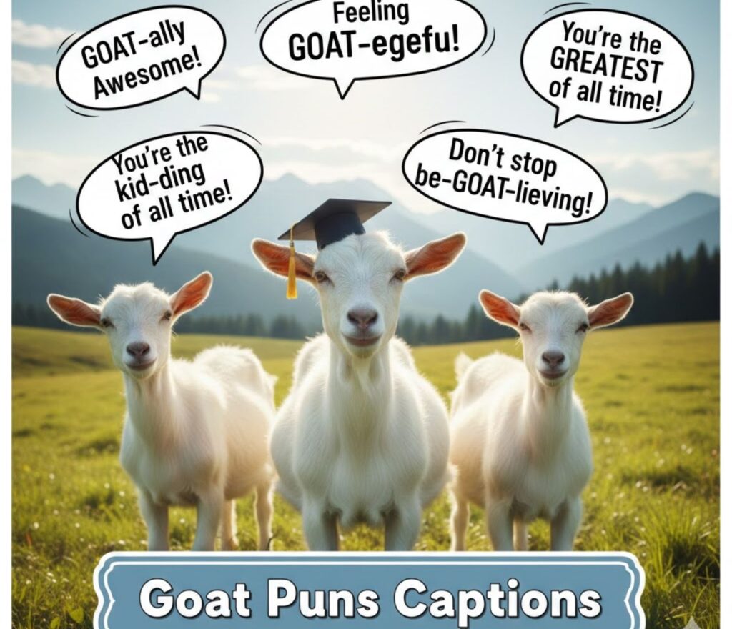 Goat puns captions—clever, funny, and playful wordplay perfect for social media posts, photos, and adding a fun GOAT-inspired twist to your messages.