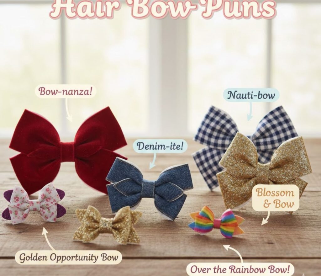 "Playful hair bow puns combining cuteness and humor, perfect for captions, social media posts, and clever, lighthearted wordplay."