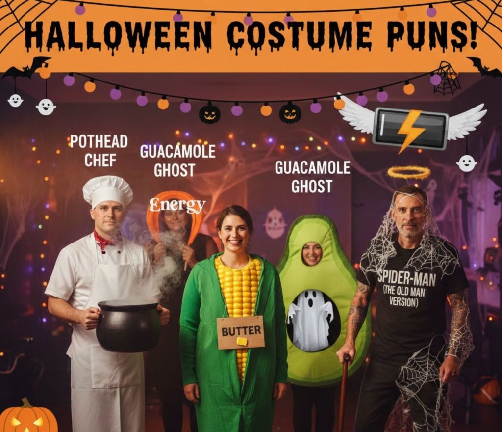 Halloween costume puns—funny, clever, and spooky wordplay perfect for captions, jokes, and adding a playful twist to your Halloween posts and celebrations.”