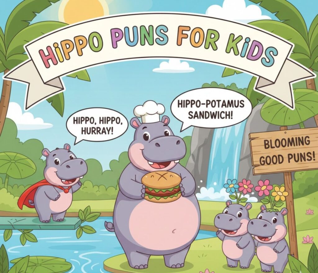 Hippo puns for kids—cute, funny, and playful wordplay perfect for jokes, captions, and family-friendly laughs.”