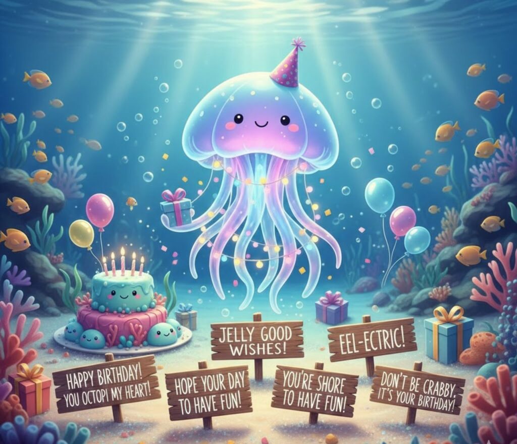 Jellyfish birthday puns—funny, playful, and ocean-themed wordplay perfect for cards, captions, and celebrating with a splash of humor.”