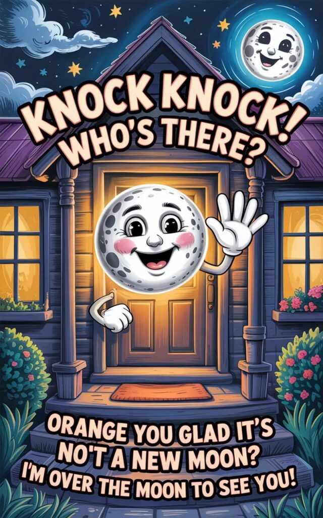 Knock, knock! Who’s there? A collection of funny full moon puns that’ll have you howling with laughter all night long!”