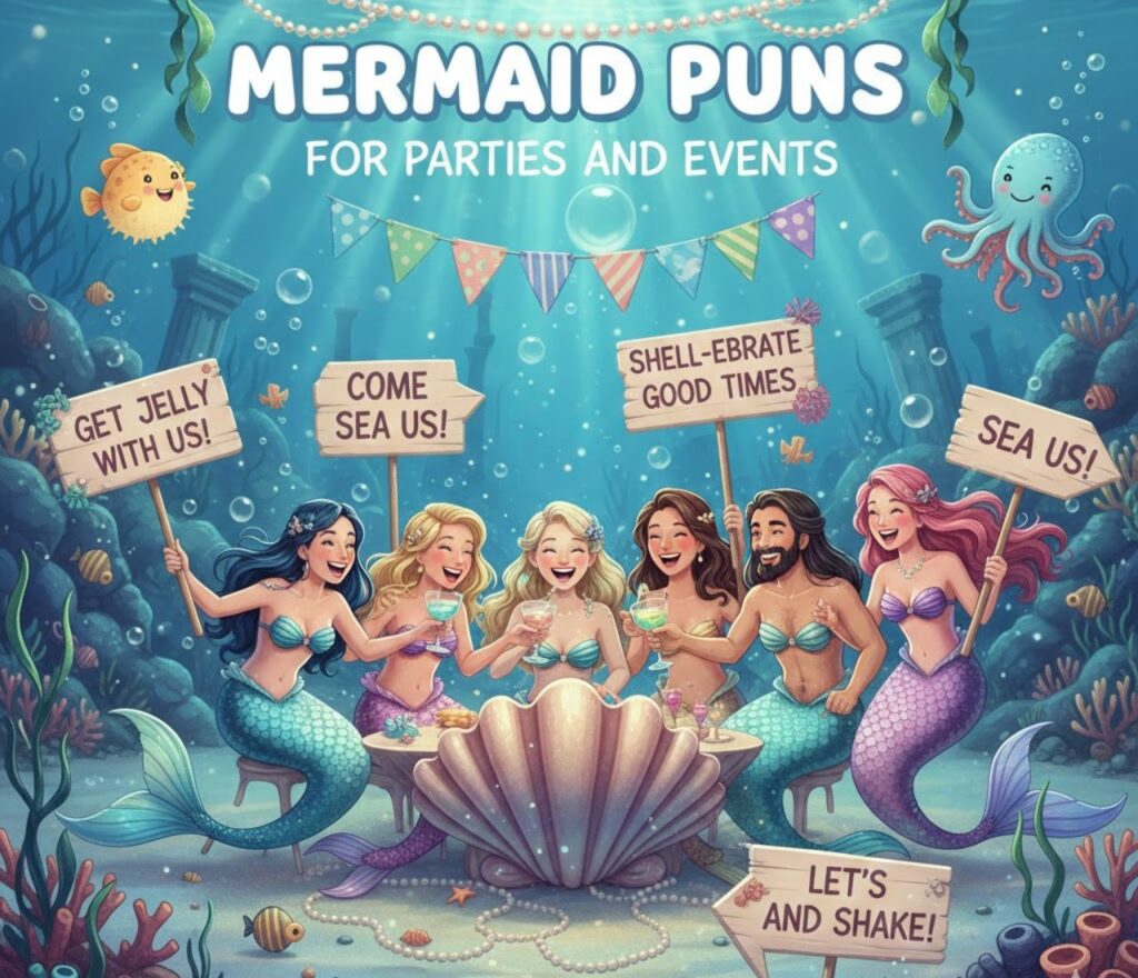 Mermaid puns for parties and events—fun, clever, and playful wordplay perfect for invitations, decorations, captions, and lighthearted celebration humor.”