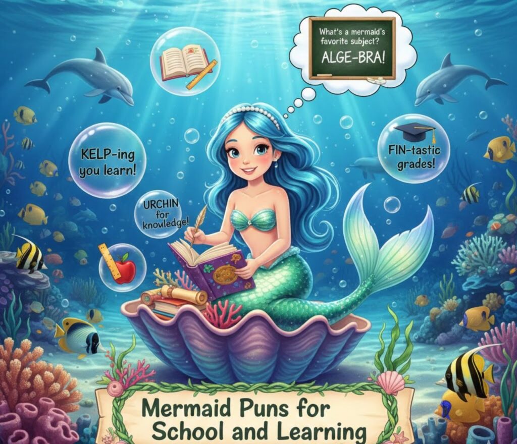 Mermaid puns for school and learning—fun, clever, and playful wordplay perfect for classrooms, educational materials, captions, and engaging students with ocean-themed humor.