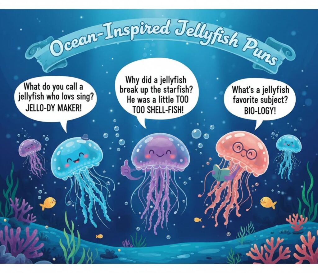 Ocean-inspired jellyfish puns—clever, aquatic-themed wordplay filled with humor, perfect for captions, jokes, and adding a splash of underwater fun