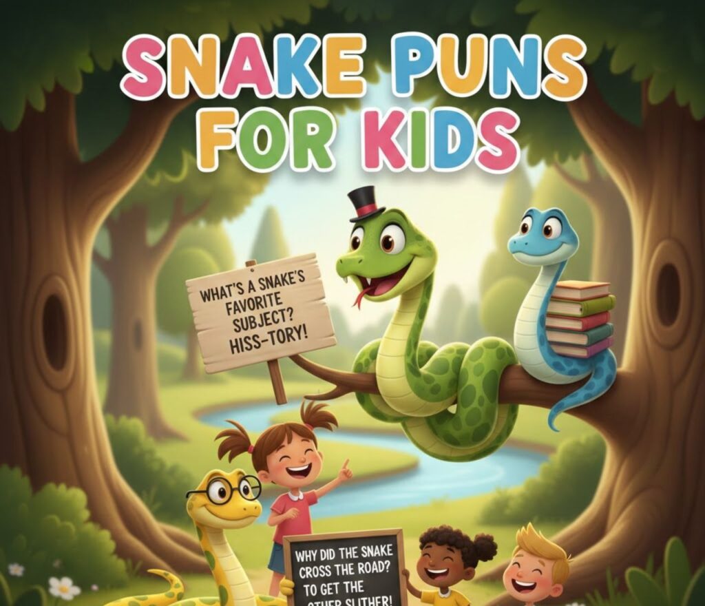 Snake puns for kids—fun, cute, and playful wordplay perfect for jokes, captions, and family-friendly laughs