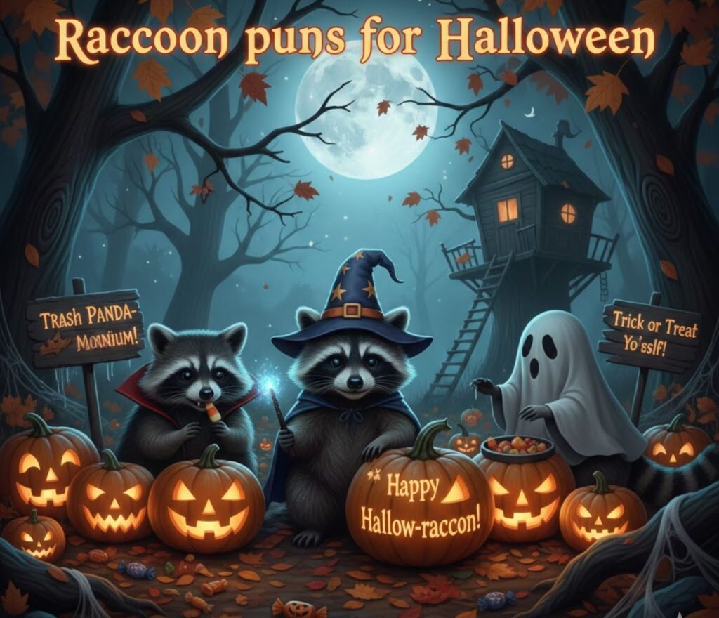 Spooky and playful raccoon-themed puns perfect for Halloween, combining mischievous vibes, cute costumes, and clever wordplay for captions."

I can also create a few more fun variations if you want.
