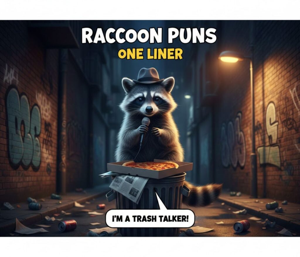Clever raccoon one-liner puns, perfect for captions or posts, showcasing mischievous humor, cuteness, and witty wordplay in a single line