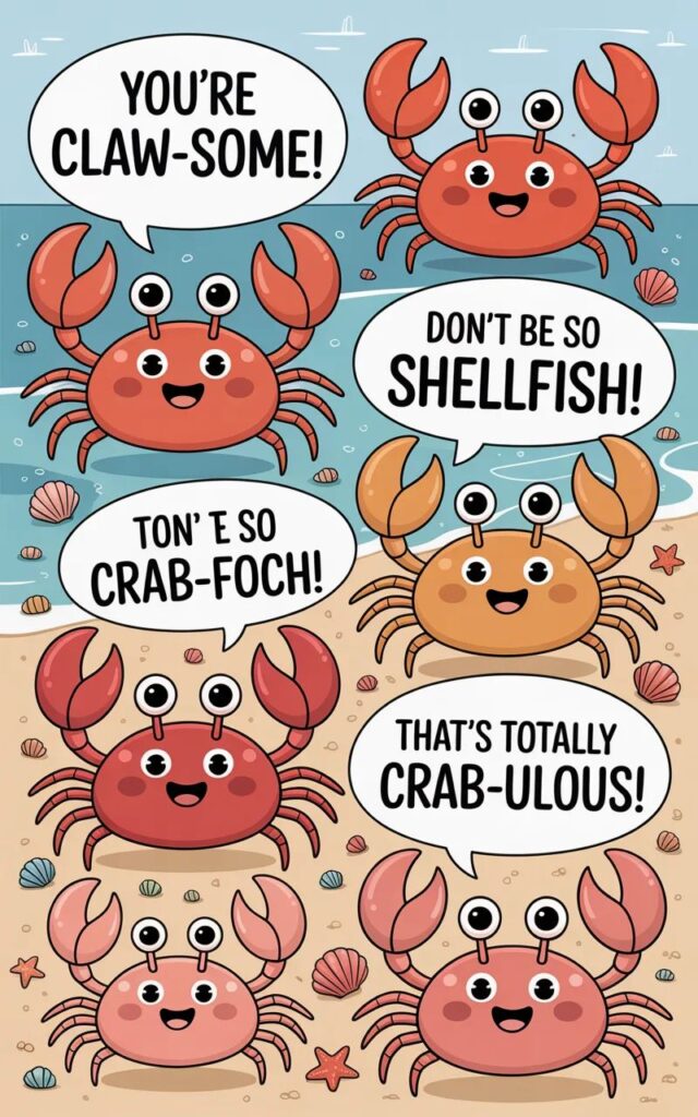 A fun image with cute cartoon crabs sharing short, witty puns and jokes. It has bright ocean colors, sandy background, and playful text bubbles perfect for Instagram humor posts.