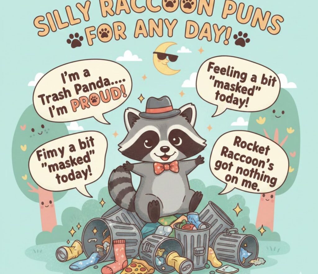 "Funny and lighthearted raccoon puns for any day, full of mischief, cuteness, and clever wordplay to brighten captions."
