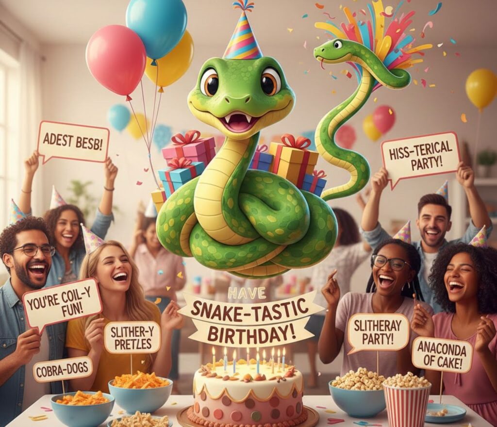 Snake puns for birthdays and parties—funny, playful, and clever wordplay perfect for cards, captions, and festive celebrations.”