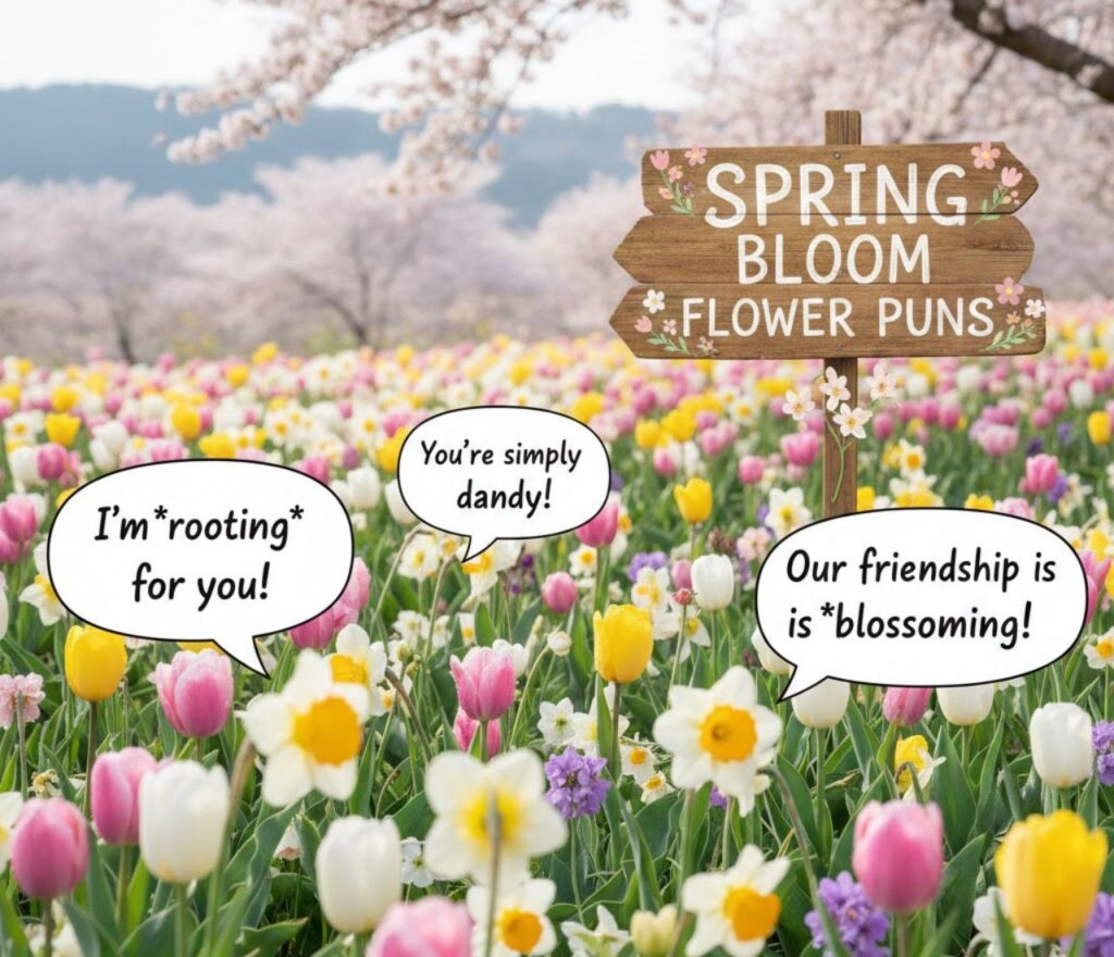 Spring bloom flower puns celebrating the season’s charm, perfect for captions, posts, and sharing cute, playful, and cheerful wordplay."