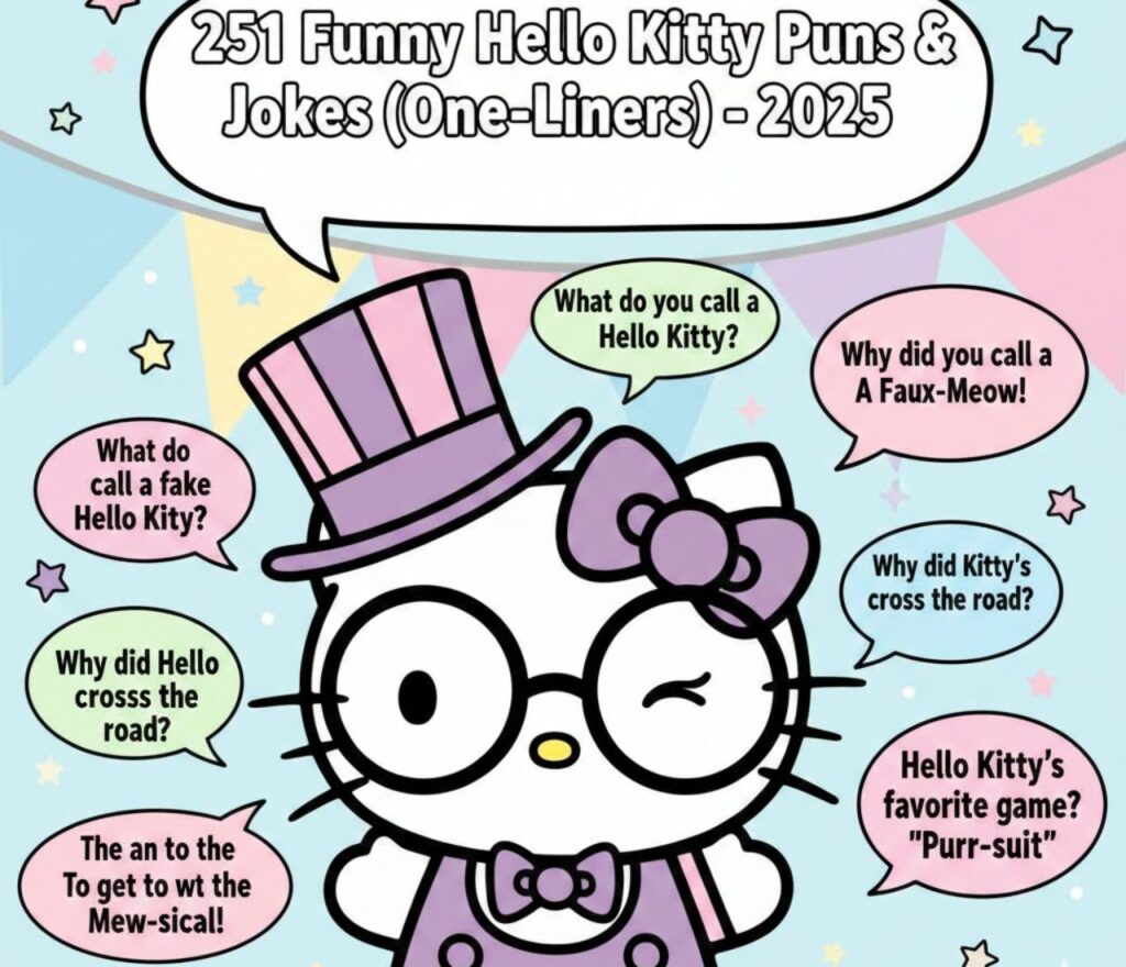 251 funny Hello Kitty puns and one-liner jokes, full of cute, clever, and playful wordplay perfect for captions and posts.