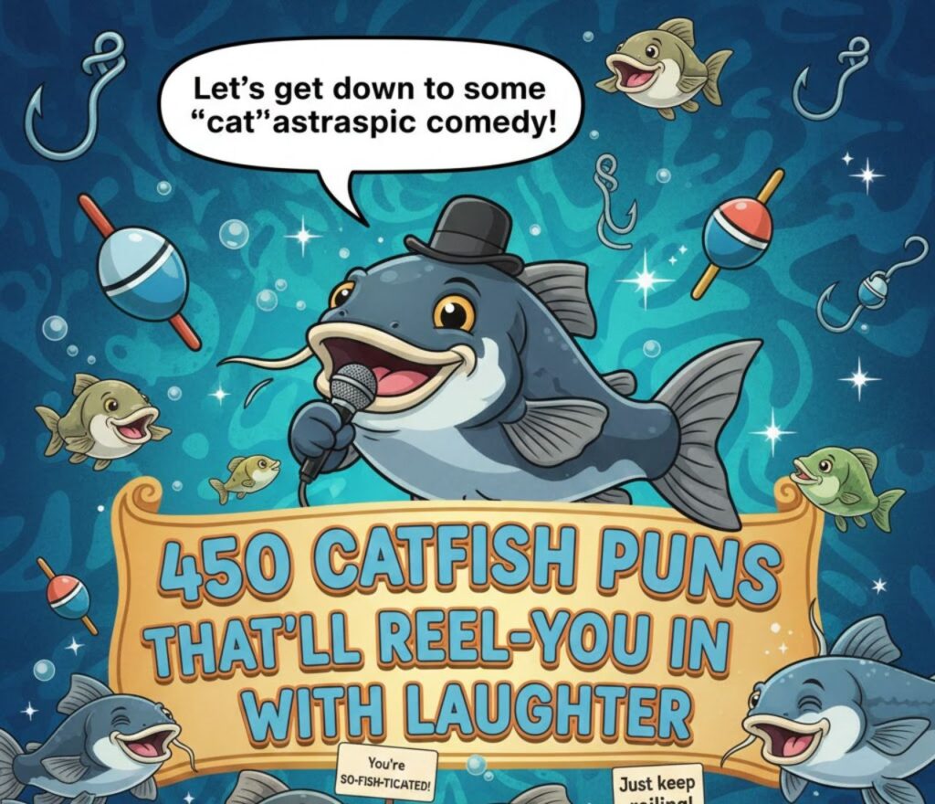 450 catfish puns that’ll reel you in with laughter, packed with clever, funny, and playful wordplay perfect for captions and posts.
