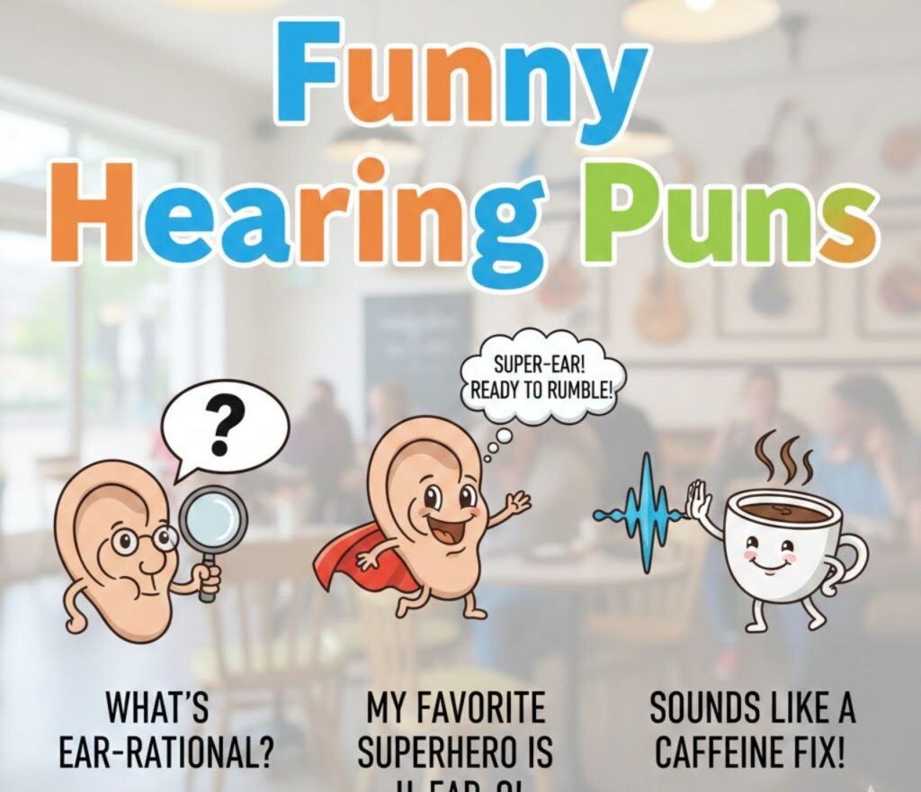 Collection of funny hearing puns filled with clever ear-related wordplay, perfect for jokes, captions, and adding humor to any conversation."