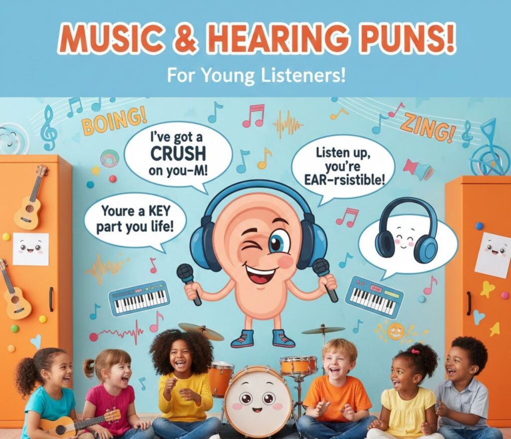 Playful music and hearing puns for young listeners, mixing catchy sound jokes and ear-themed wordplay to make learning fun and engaging."