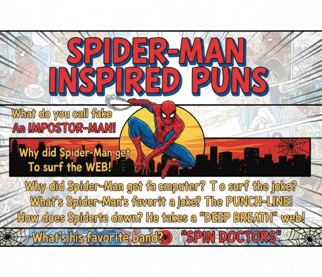 Spider-Man–inspired puns for superhero fans, packed with clever web-slinging wordplay perfect for captions, posts, and comic-loving laughs."