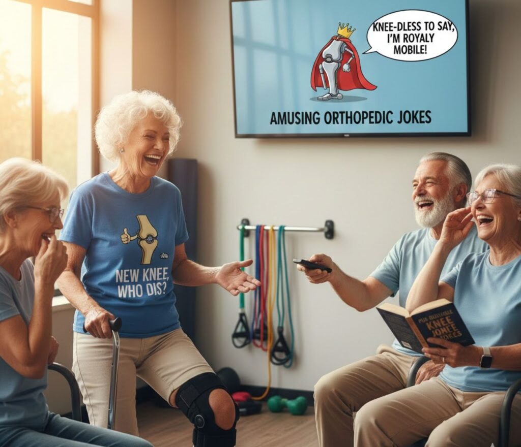 Amusing orthopedic jokes on knee replacements, full of clever, lighthearted wordplay perfect for captions, posts, and bringing smiles to recovery."