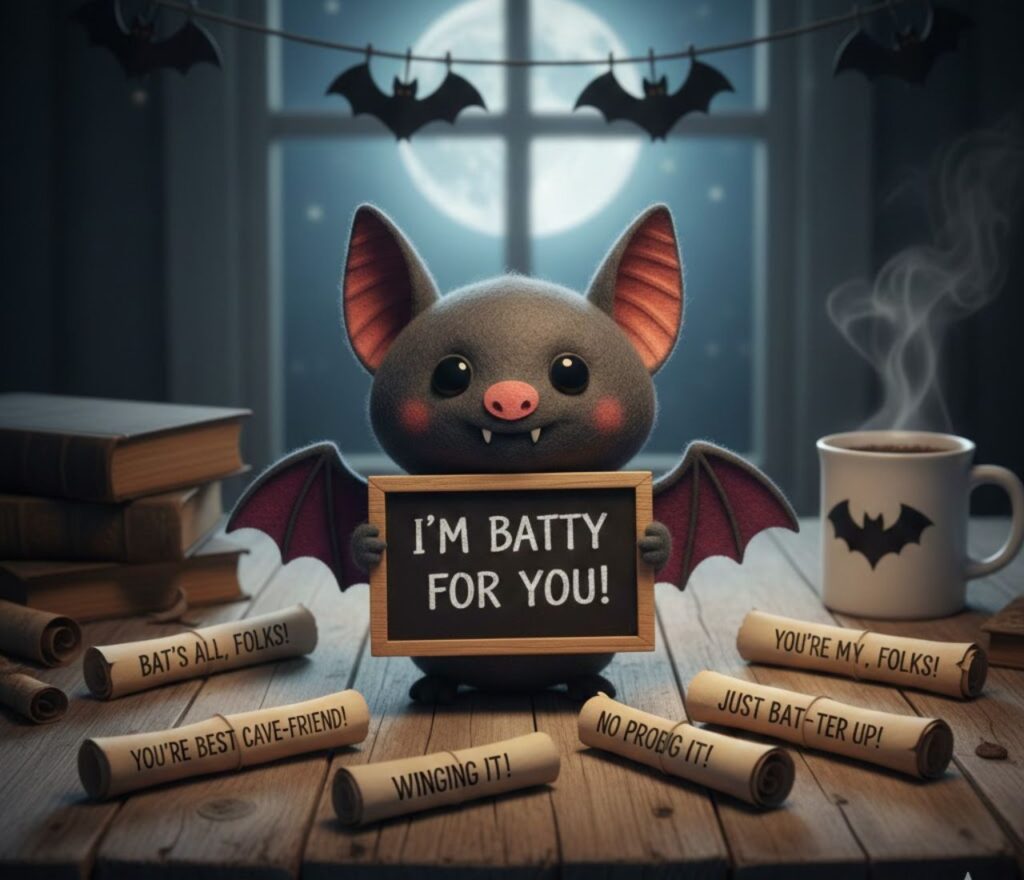 Bat puns captions full of clever, funny, and playful wordplay, perfect for social posts, Halloween photos, and spooky-themed content."