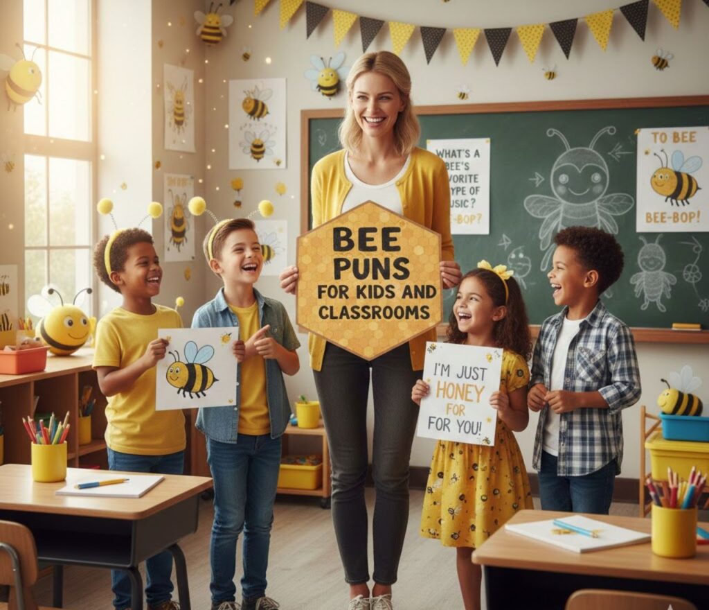 "Bee puns for kids and classrooms, full of cute, funny, and playful wordplay perfect for lessons, captions, and school activities."