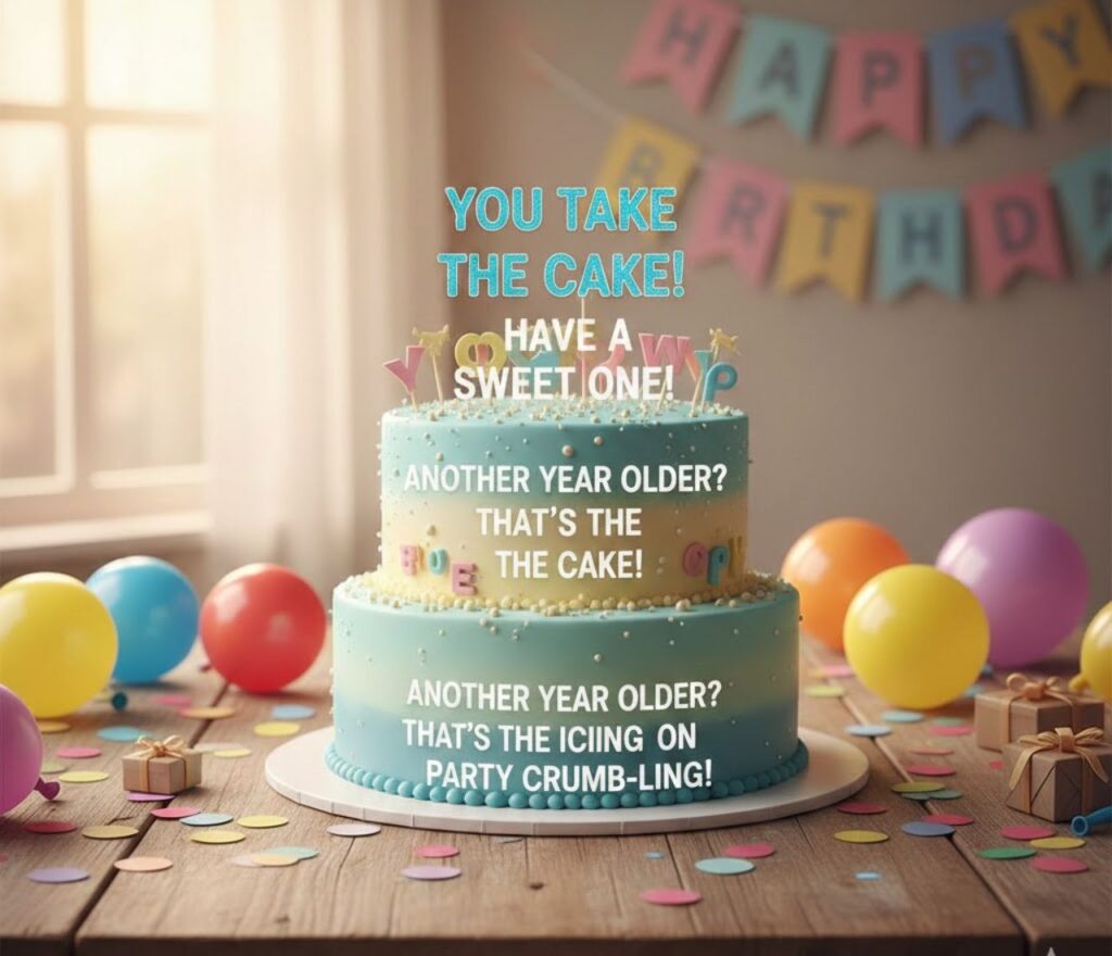 "Cake puns for birthday captions, full of playful, sweet, and clever wordplay, perfect for posts, cards, and celebration messages."