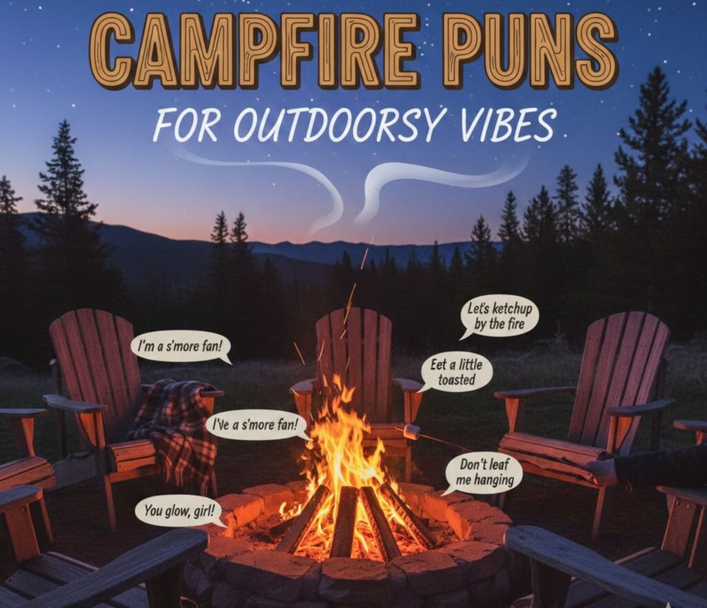 Campfire puns for outdoorsy vibes, combining cozy, playful, and clever wordplay, perfect for captions, posts, and nature-inspired fun."