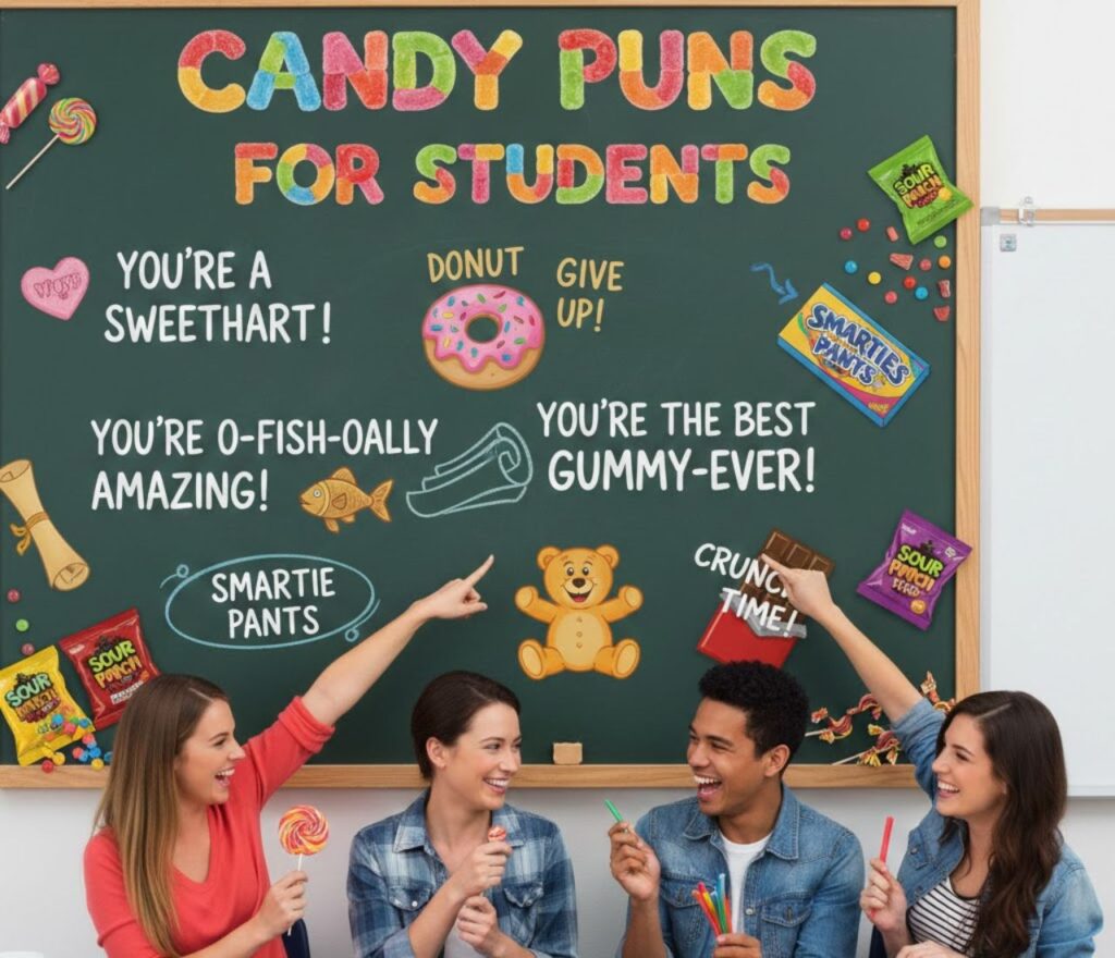 "Fun candy puns for students, blending sweetness, humor, and encouragement—perfect for classroom notes, rewards, captions, and motivational messages."