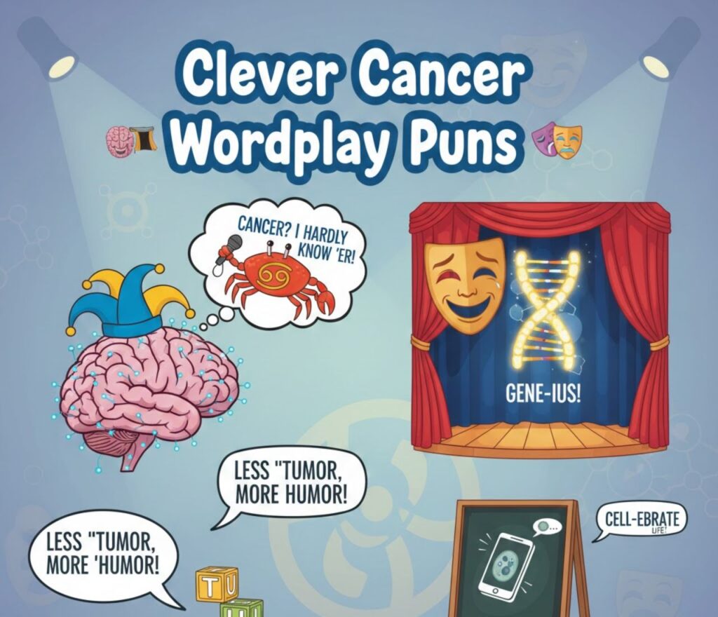 Clever cancer wordplay puns featuring witty jokes, smart humor, playful astrology references, creative twists, and sharable laughs for pun enthusiasts.