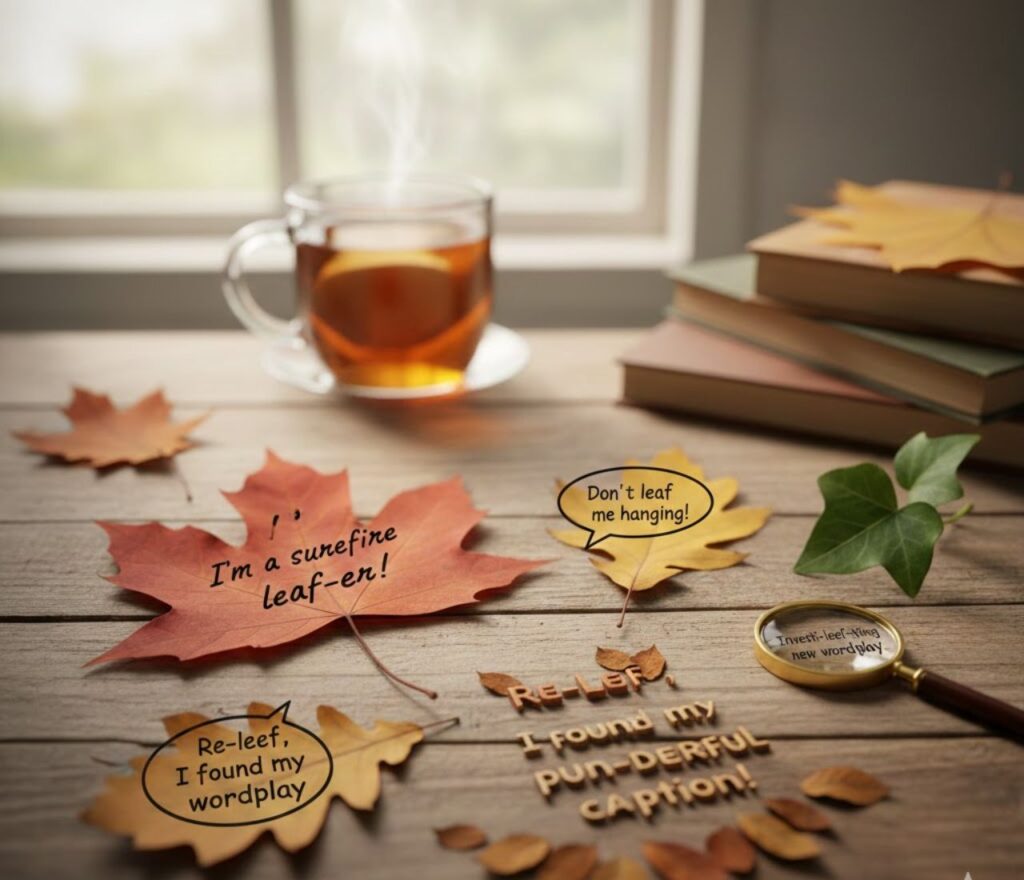 Clever leaf puns for captions, featuring witty, playful wordplay perfect for social posts, autumn photos, and nature-inspired humor."