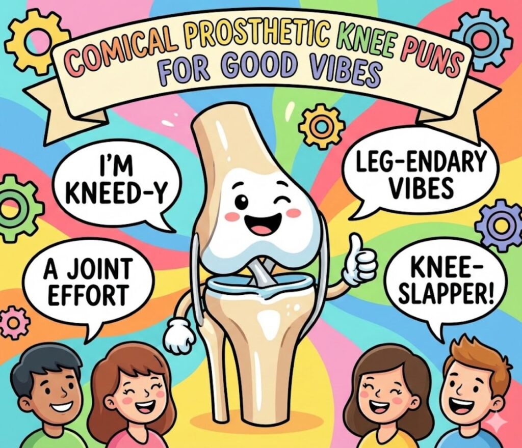 "Comical prosthetic knee puns for good vibes, packed with clever, playful humor perfect for captions, posts, and recovery encouragement."