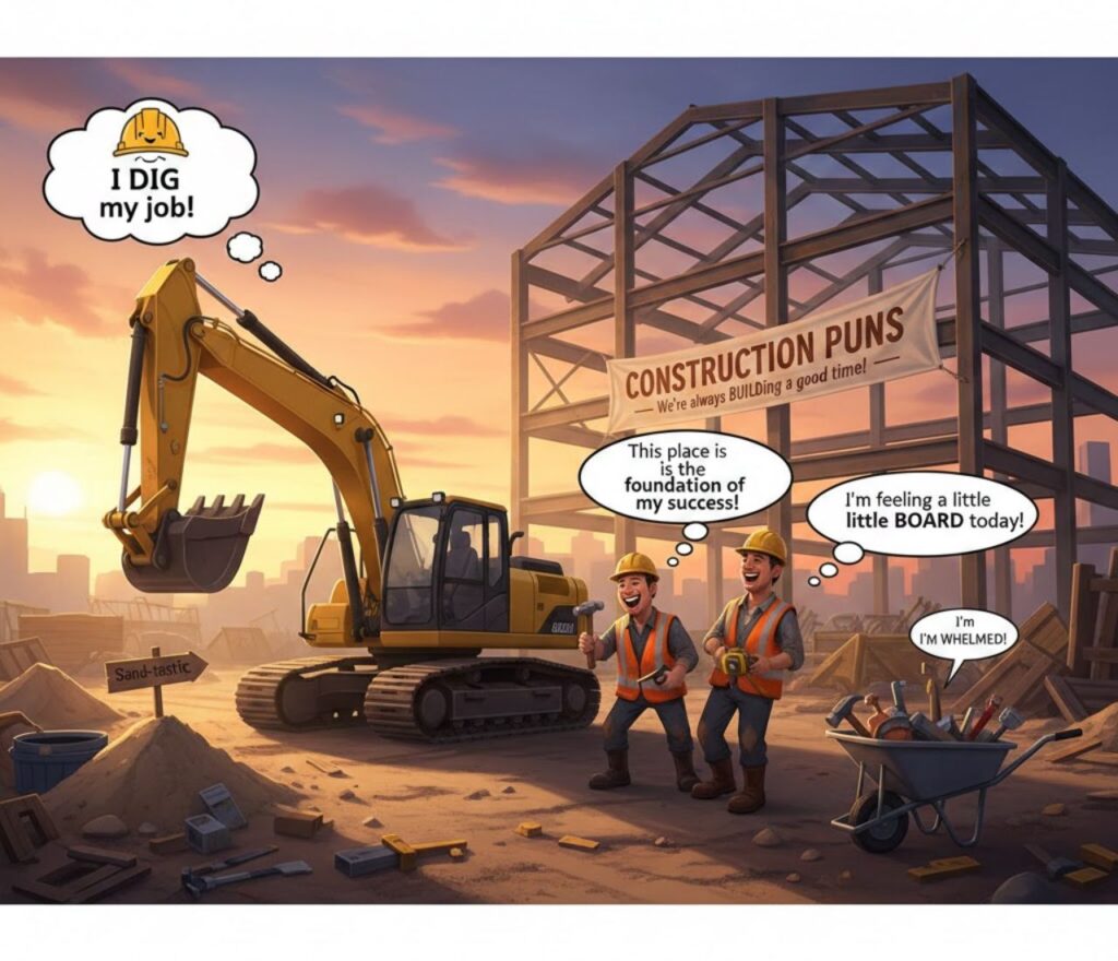 Construction jobsite puns packed with clever, funny, and playful wordplay, perfect for captions, posts, and sharing laughs on the worksite