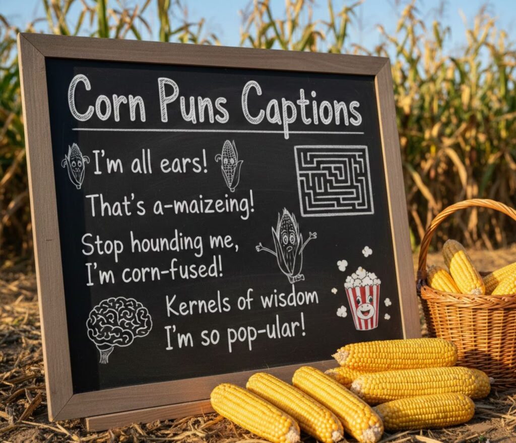 Corn puns captions packed with clever, funny, and playful wordplay, perfect for social posts, foodie photos, and sharing lighthearted humor.