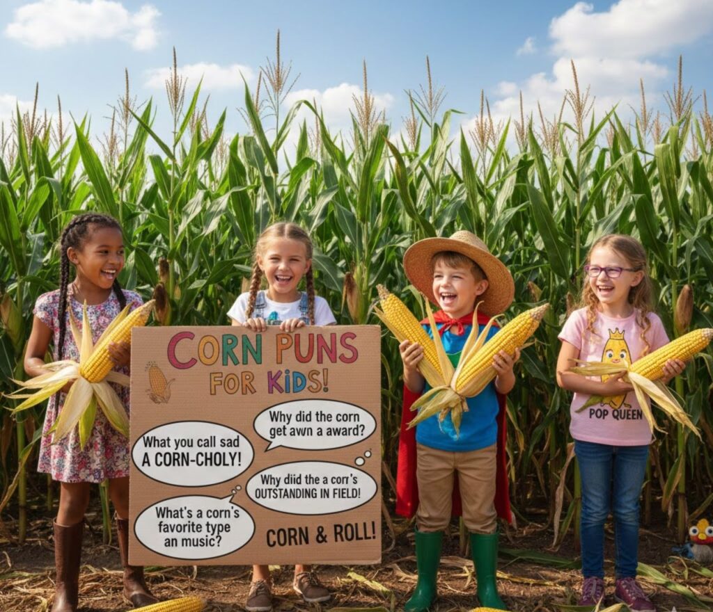 Corn puns for kids, filled with cute, funny, and friendly wordplay perfect for captions, classroom fun, and playful family moments."