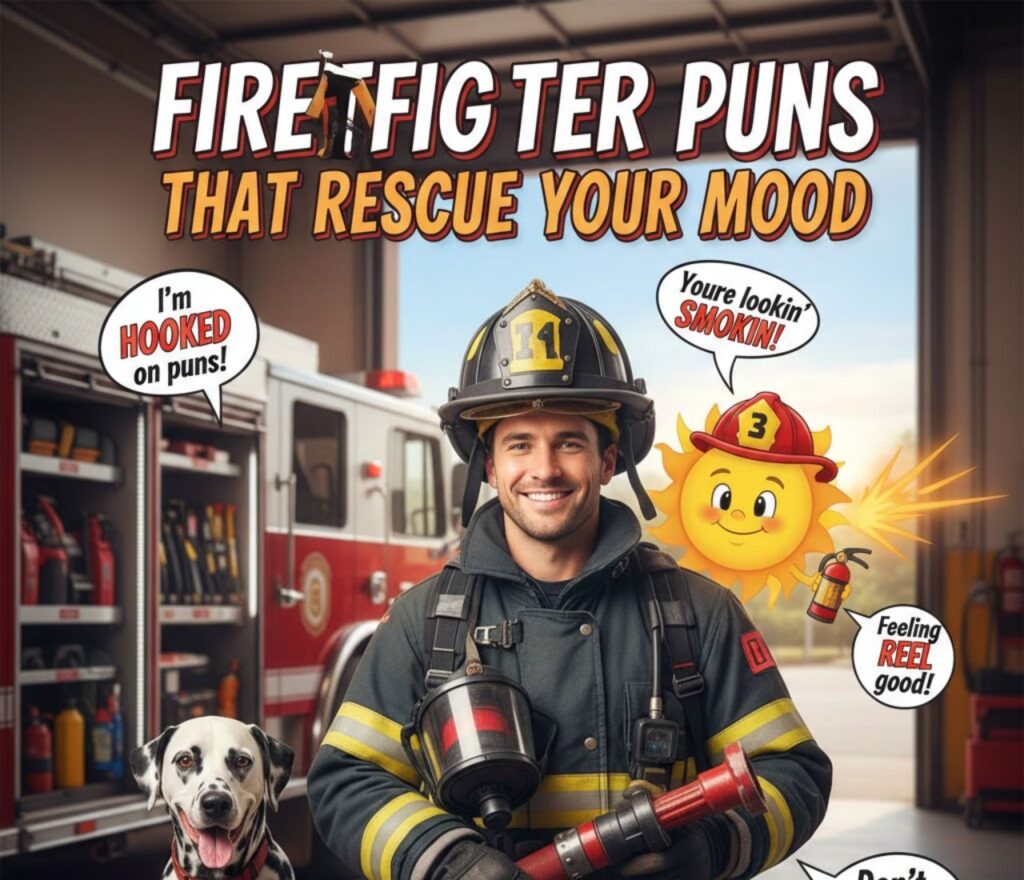 Firefighter puns that rescue your mood, full of clever humor, playful wordplay, and lighthearted jokes for captions and posts."