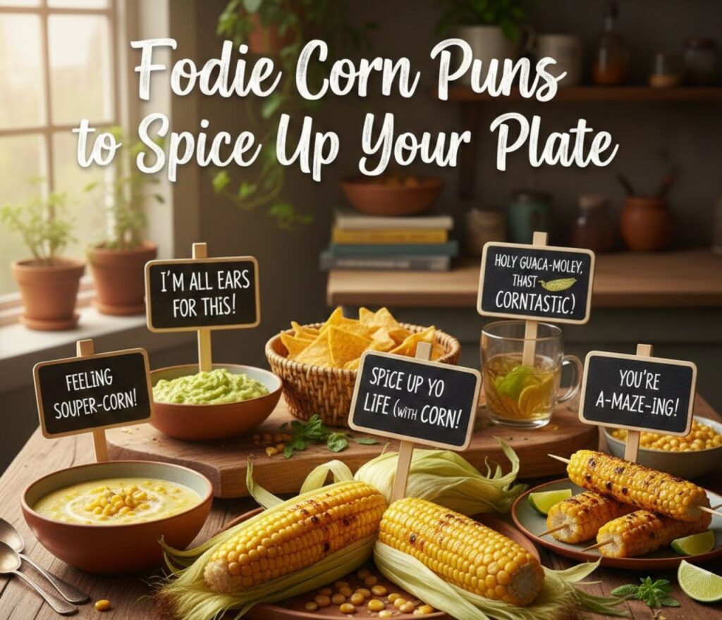 "Foodie corn puns to spice up your plate, packed with clever, tasty, and funny wordplay perfect for captions, menus, and posts."