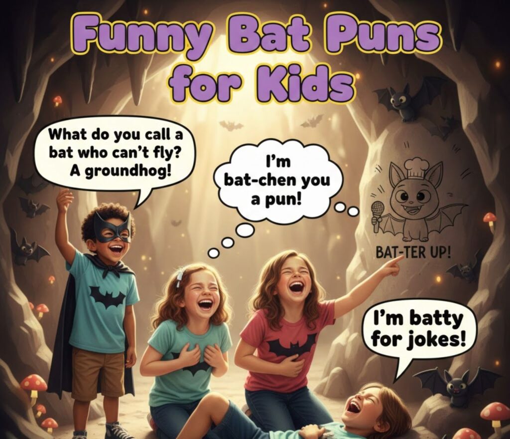 Funny bat puns for kids, full of playful, silly, and friendly wordplay perfect for captions, classroom fun, and family posts."