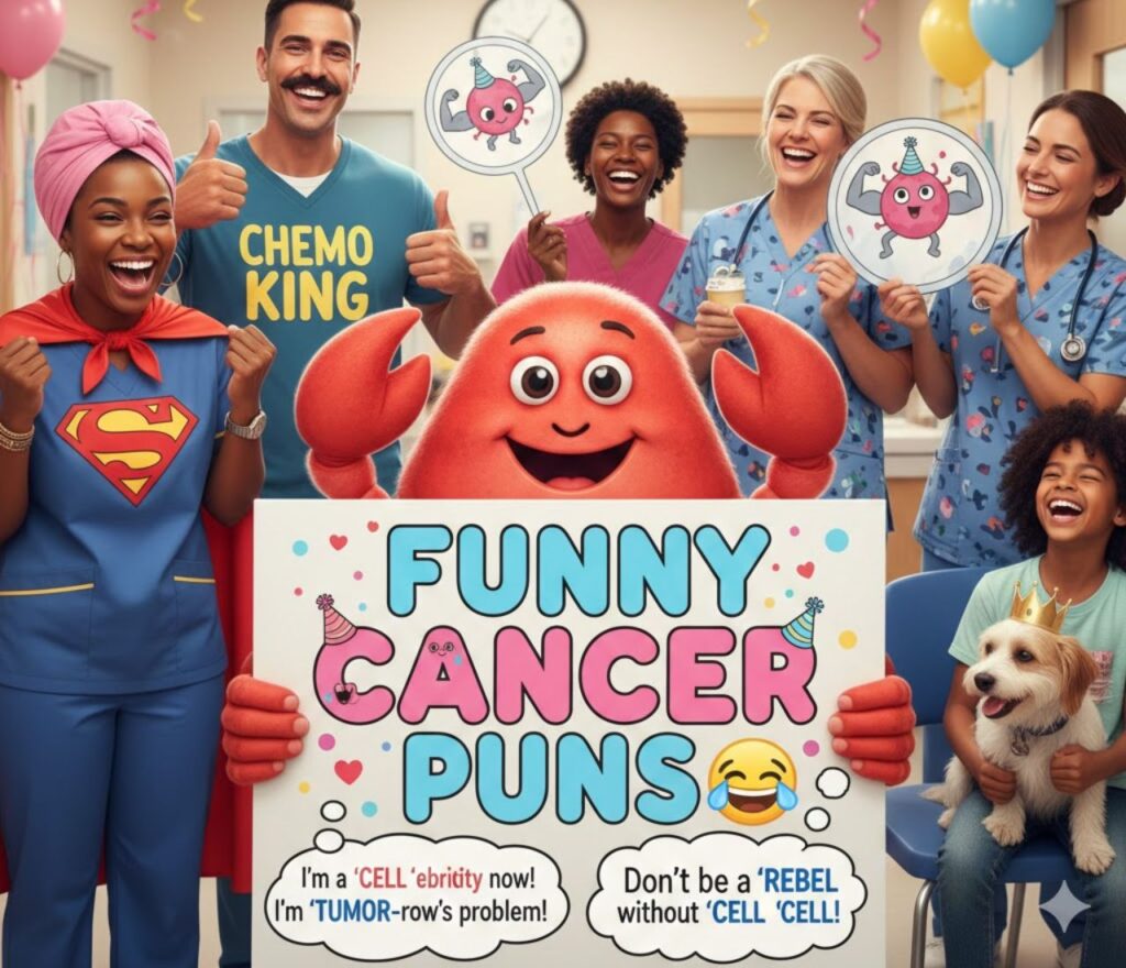 Funny cancer puns collection featuring playful wordplay, lighthearted jokes, clever humor, and shareable laughs designed to entertain readers online audiences.