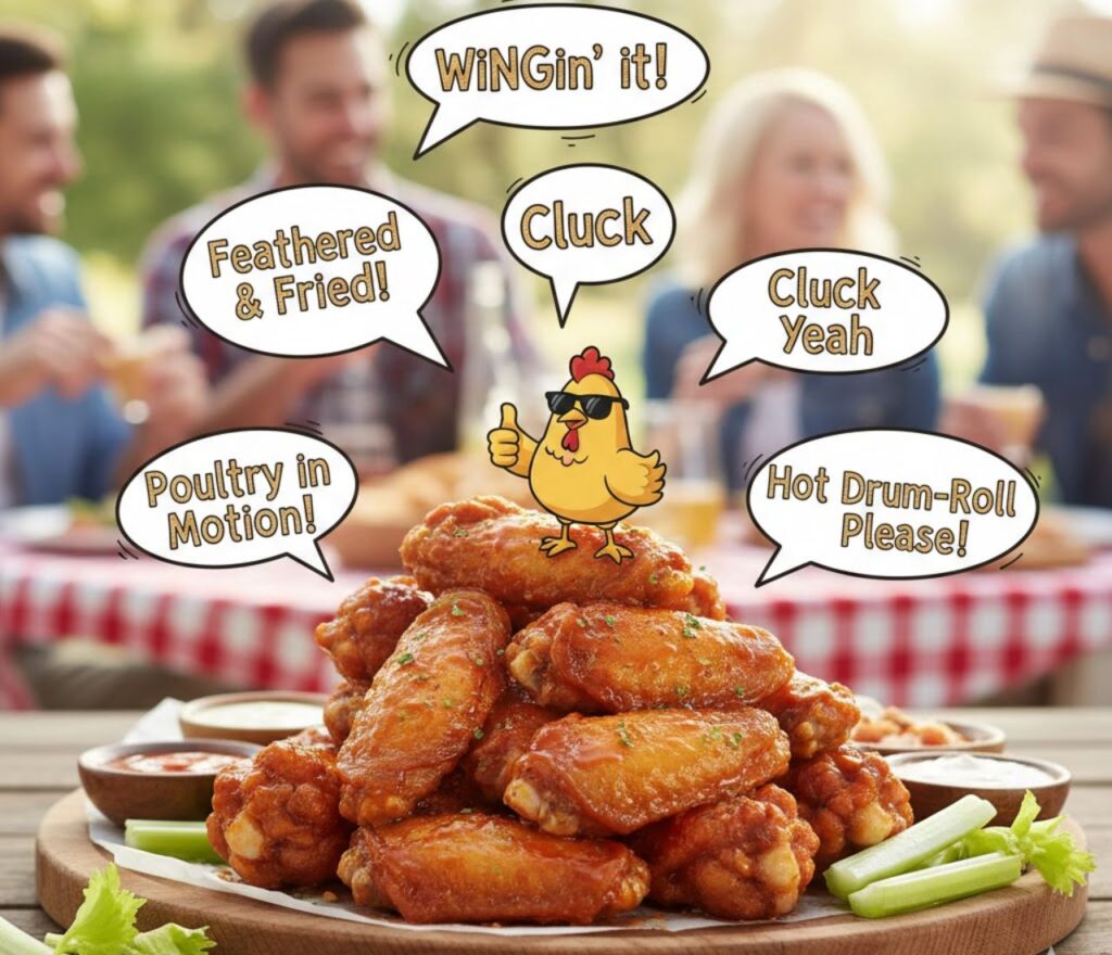 "Funny chicken wing puns full of clever, playful, and lighthearted wordplay, perfect for captions, posts, jokes, and foodie fun."