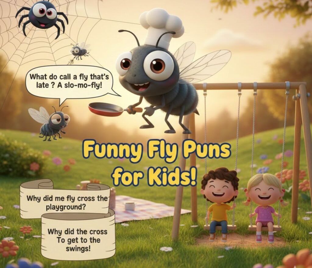 "Funny fly puns for kids, full of playful, silly, and friendly wordplay perfect for captions, classroom fun, and family posts."
