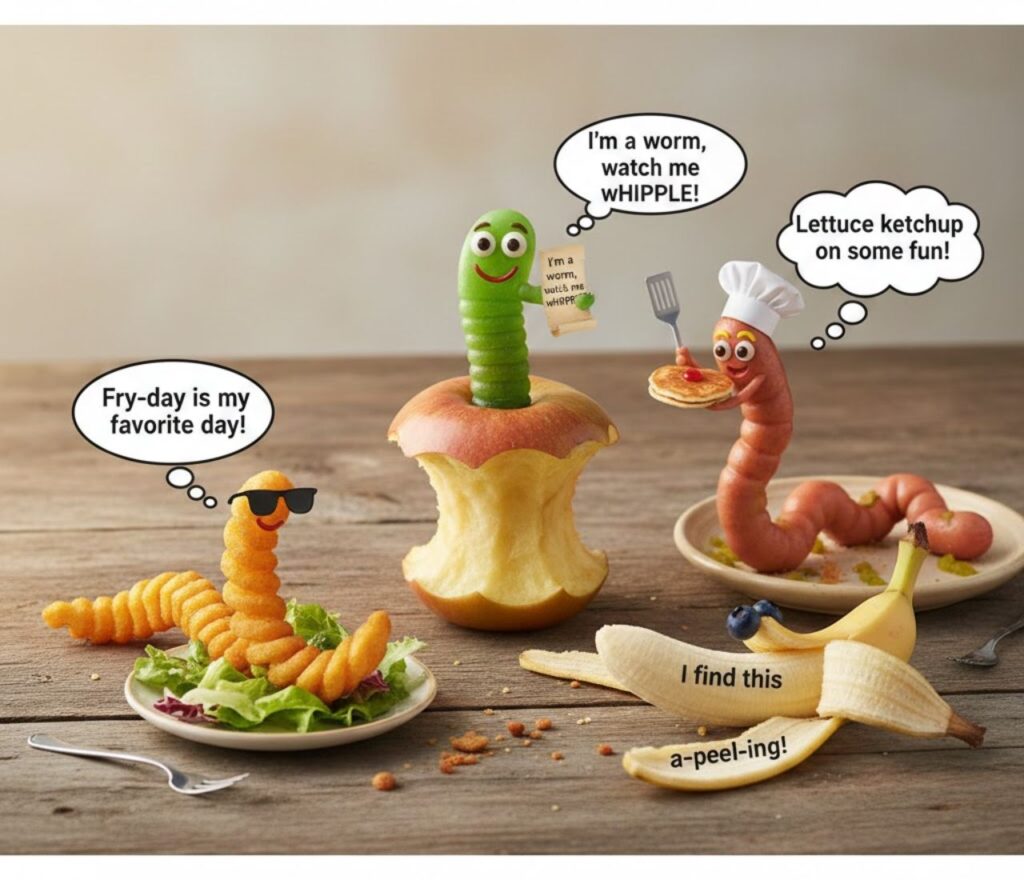 Funny food worm puns combining humor and clever wordplay, perfect for captions, posts, and playful jokes about meals and snacks."